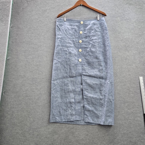 LOFT Dresses & Skirts - LOFT Women Skirt 10 Blue Cotton Linen Pencil Skirt Button Front Coastal Beach